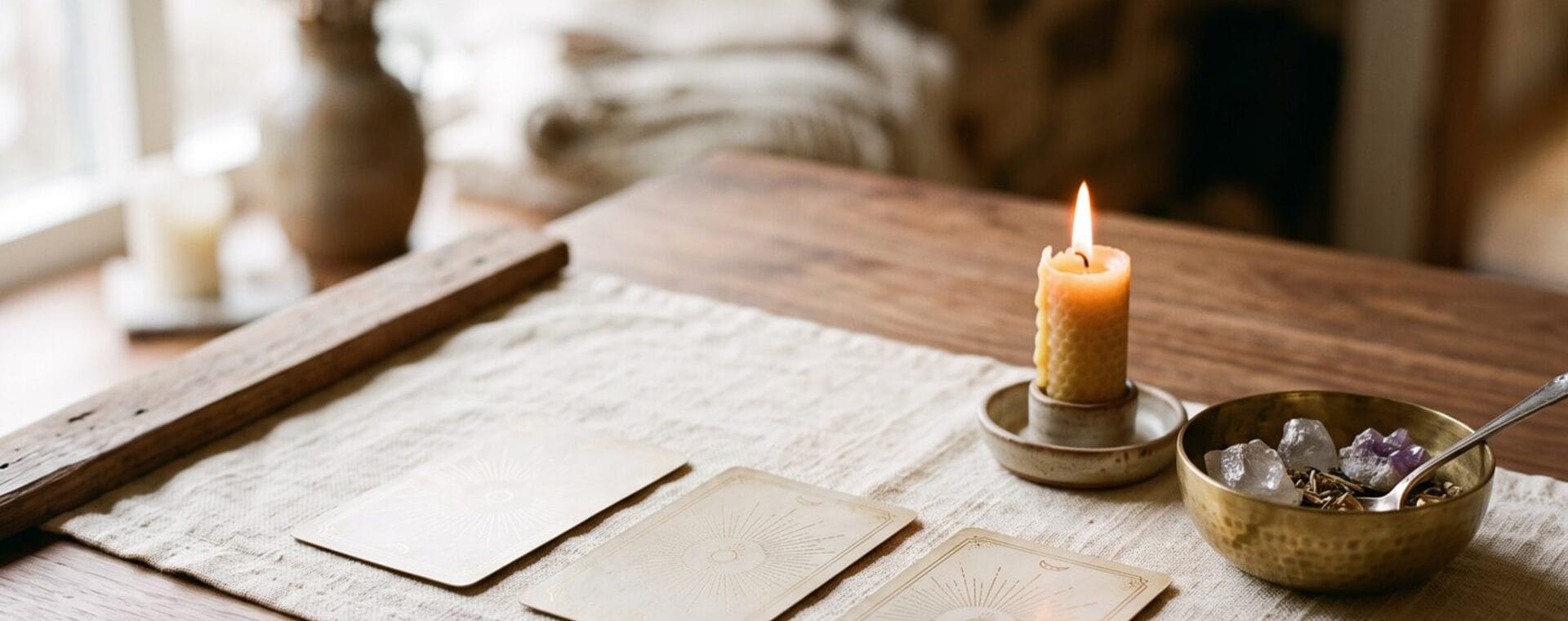 Table de consultation avec cartes de tarot et bougie